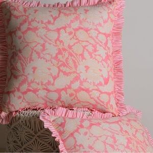 Handblocked Cotton Set of Two Pillow Covers Pink Ruffled Hidden Zippers 18 x 18